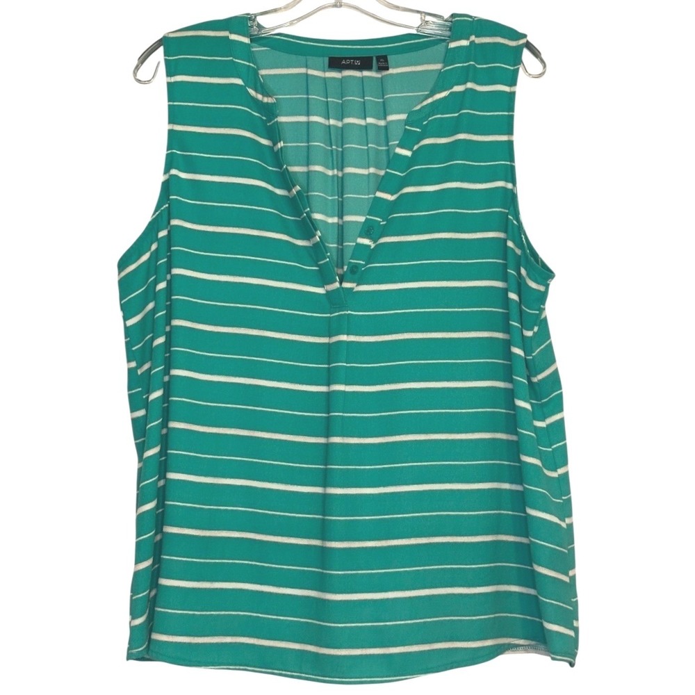 Apt 9 Women Blouse Teal Green White Stripe Sleeveless V-Neck Nautical Coastal XL